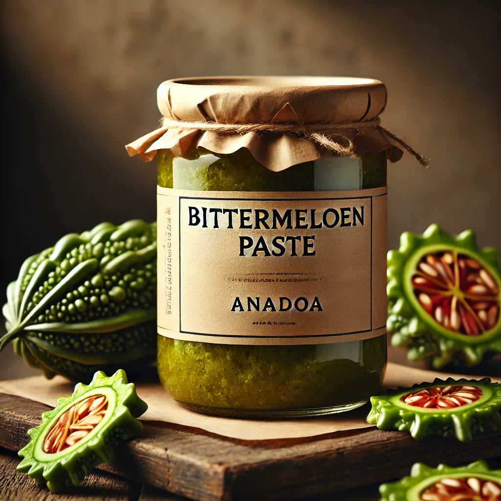 A neatly arranged glass jar of Bittermelonenpaste placed on a rustic wooden surface. The jar has a clean, minimalistic white or kraft paper label feat