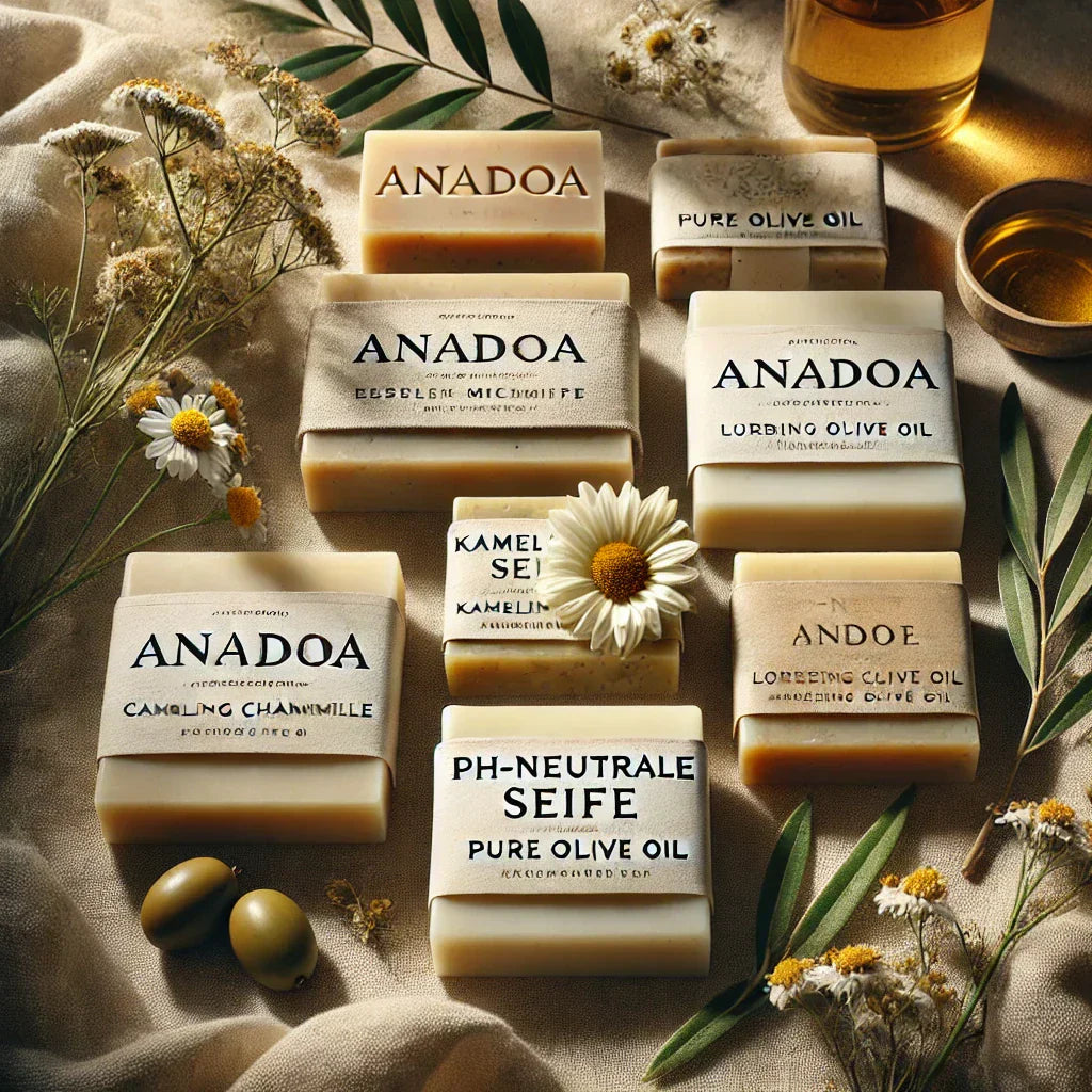 A sophisticated and elegantly styled flat lay image showcasing pH-neutrale Seifen by ANADOA. Each soap bar is prominently labeled with the brand name Anadoa