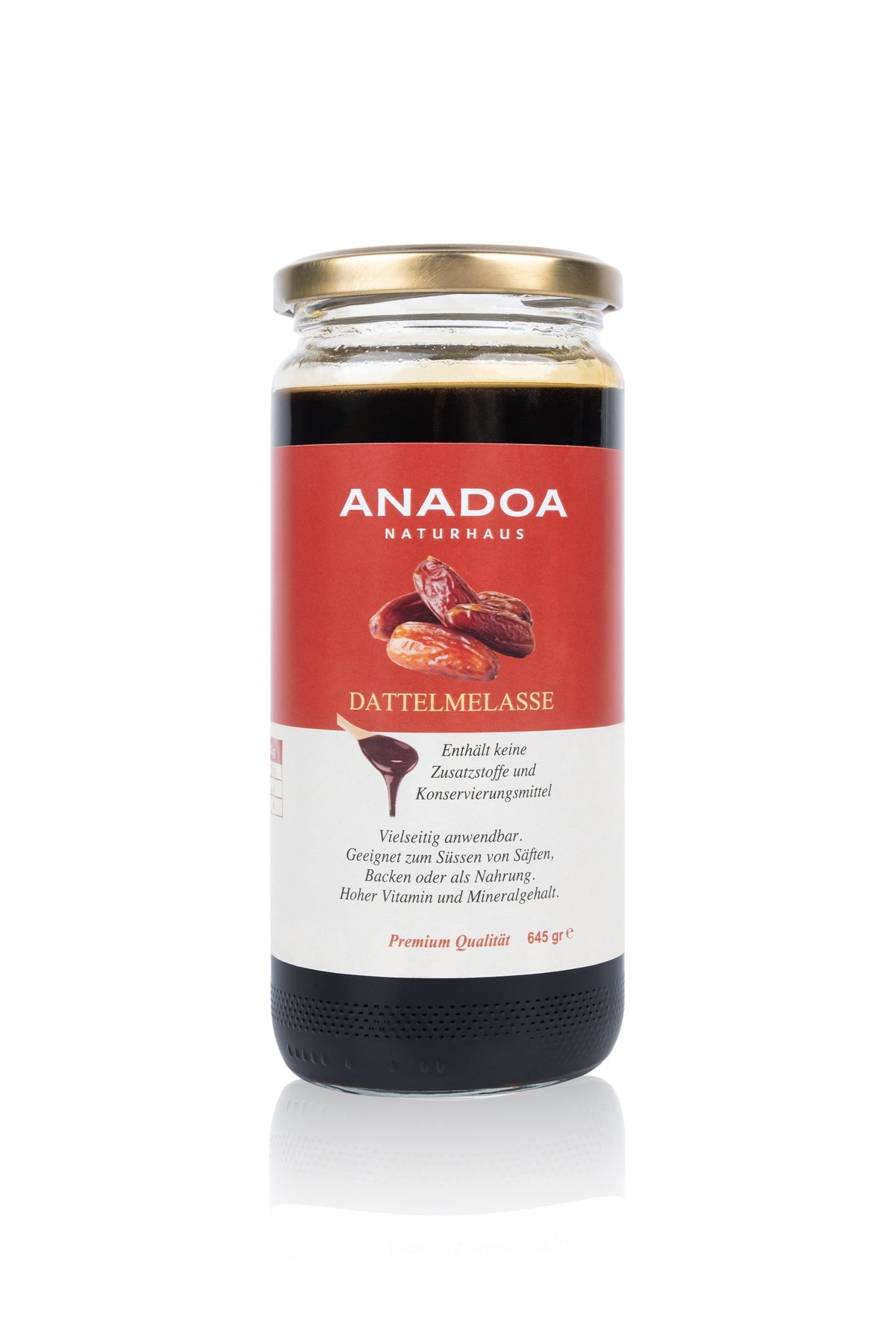 Anadoa Dattel sirup (melasse) in einem 640 g Glas – 100 % natürlich, reich an Eisen, Antioxidantien &amp; Mineralstoffen. Mild süß, karamellig &amp; vielseitig als gesunde Süße einsetzbar.