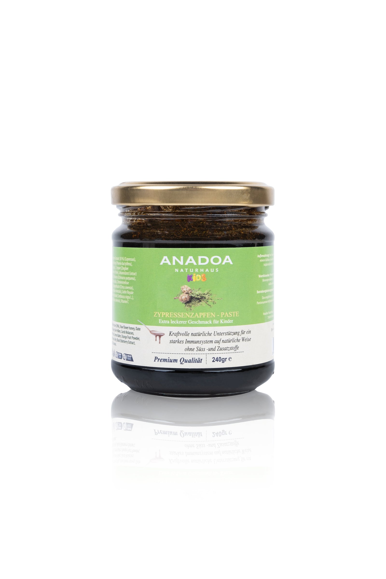 Zypressenzapfen-Paste für Kinder in einem 240 g Glas – 100 % natürliche Rezeptur mit Zypressenzapfen-Extrakt, Honig & Propolis zur Unterstützung von Immunsystem & Atemwegen.